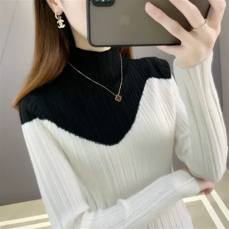 设计感半高领毛衣拼色打底衫女士秋冬内搭洋气修身长袖针织衫上衣图片