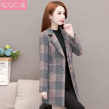 格子毛呢外套女中长款小个子西服2025秋装新款呢子大衣西装领上衣商品大图