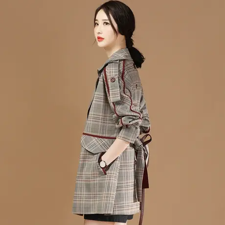 韩潮袭人格子西装领气质风衣女2023年新款秋装中长款韩版宽松外套图片