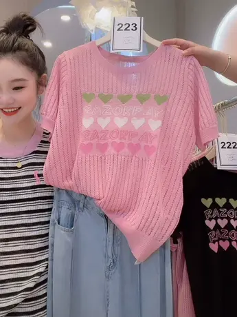 字母爱心提花短袖t恤女夏2023新款气质宽松洋气减龄冰丝上衣百搭图片