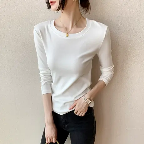 长袖T恤女2023春季新款紧身百搭简约上衣圆领纯色修身显瘦打底衫商品大图
