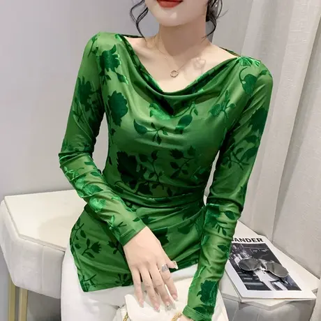 一字领网纱打底衫女长袖秋季性感露肩气质提花T恤不规则下摆上衣图片