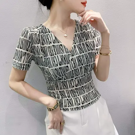 欧货性感V领T恤女短袖时尚洋气印花上衣高腰短款小衫辣妹修身体恤商品大图