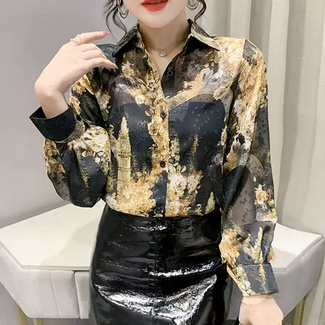 网纱拼接衬衫女长袖性感微透别致打底衫2024春装新款时尚印花上衣图片