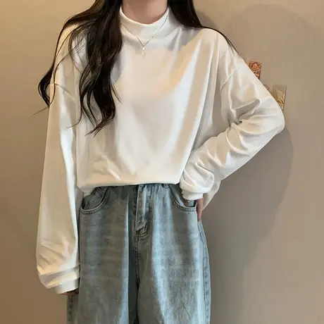 半高领长袖T恤女2022秋冬新款宽松百搭加绒加厚内搭德绒打底衫潮商品大图