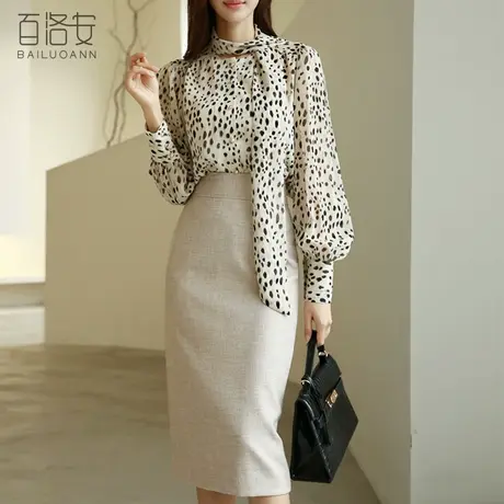 百洛安豹纹飘带衬衫女2024春季新款宽松长袖上衣气质通勤百搭衬衣商品大图
