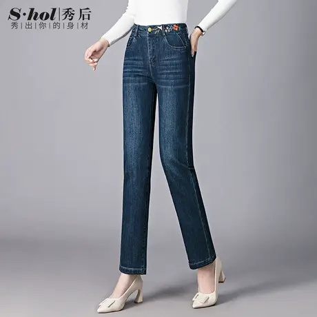 时尚减龄刺绣花中年妈妈牛仔裤女春秋高腰显瘦弹力宽松直筒裤女裤商品大图