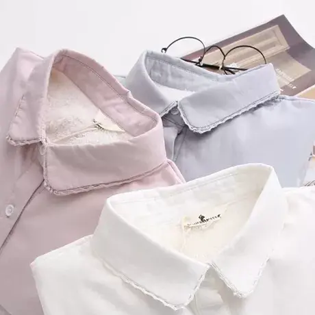 秋冬日系加绒纯棉白色文艺小清新长袖衬衫女加厚学生百搭打底衬衣商品大图