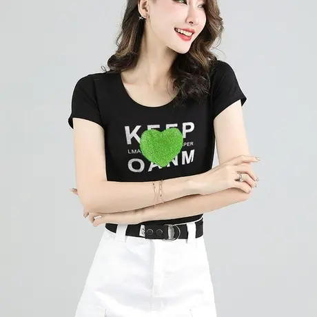 桃心字母烫钻T恤女短袖2023夏新款圆领纯棉修身紧身百搭半袖上衣图片