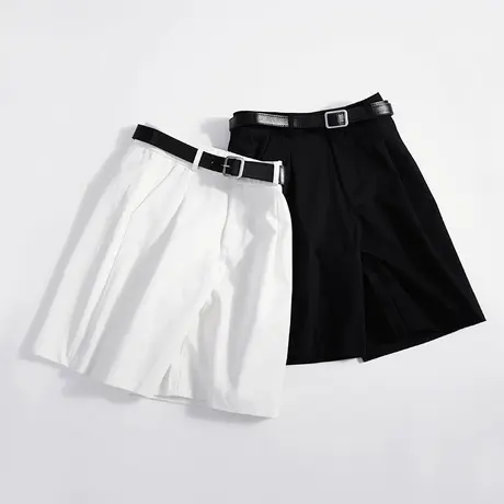 纯棉夏季工装阔腿短裤女别致腰带西装五分中裤休闲百搭宽松显瘦潮商品大图