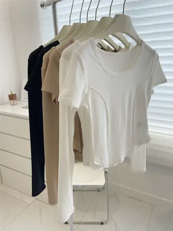 设计感鱼骨线T恤！辣妹风大U领显瘦修身短款小个子短袖长袖tee女商品大图