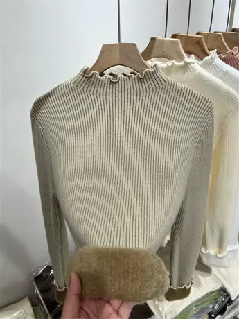 坑条木耳边一体绒加绒加厚针织小衫女2023初冬新款半高领保暖上衣商品大图