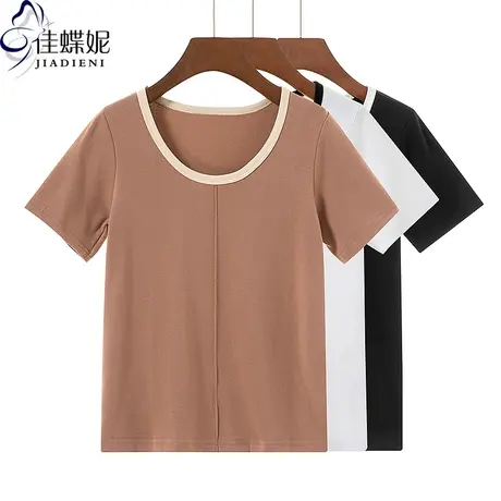 夏季新款韩版撞色圆领纯棉宽松休闲纯色短袖体恤上衣内搭女打底衫商品大图