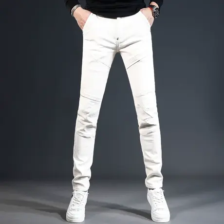 欧美高端牛仔裤男2023秋冬新款白色拼接修身小脚男士机车弹力裤子商品大图