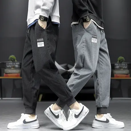 2021年夏秋季新款拼接灯芯绒裤子男修身休闲长裤男潮牌痞帅束脚裤商品大图