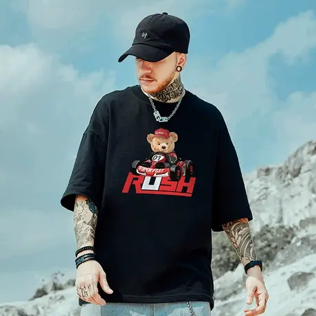 oversize潮牌胖子男装加肥加大码小熊宽松短袖T恤情侣ins半袖潮流商品大图