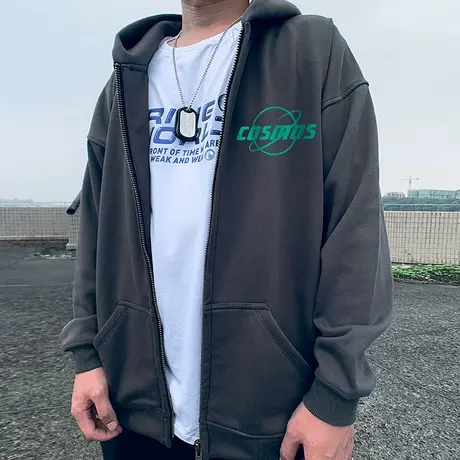 男士开衫拉链卫衣加绒加厚宽松大码连帽上衣休闲胖子装外套春秋款商品大图