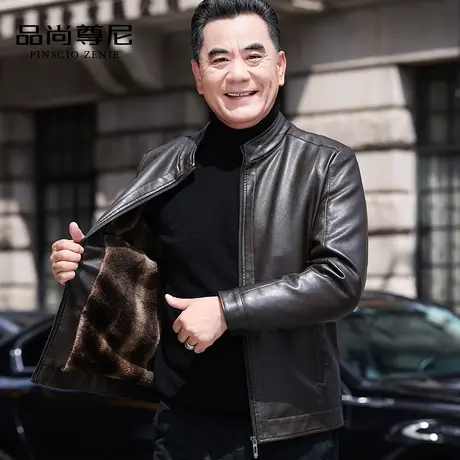 爸爸冬装外套皮衣加绒加厚商务休闲干练简洁立领男士皮夹克中老年商品大图