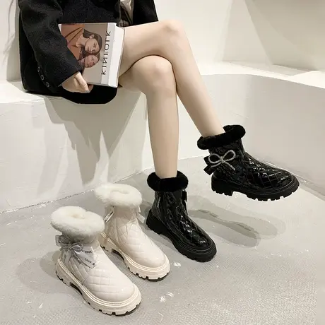 小香风雪地靴女2023年新款冬加绒加厚皮毛一体粗跟瘦瘦靴保暖棉靴商品大图