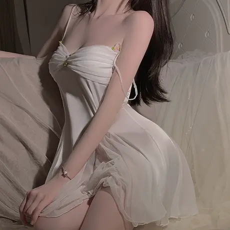 性感睡衣夏季新款缎面拼接网纱加胸垫小胸聚拢透视诱惑家居服睡裙商品大图