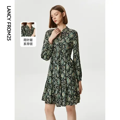 朗姿2022年秋季新款法式碎花印花气质收腰连衣裙子女设计感小众商品大图
