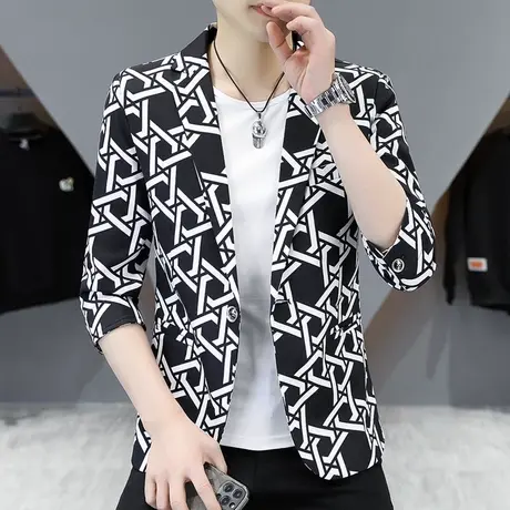 ins痞帅个性不规则拼色格子七分袖西服外套男夏季潮牌中袖小西装图片