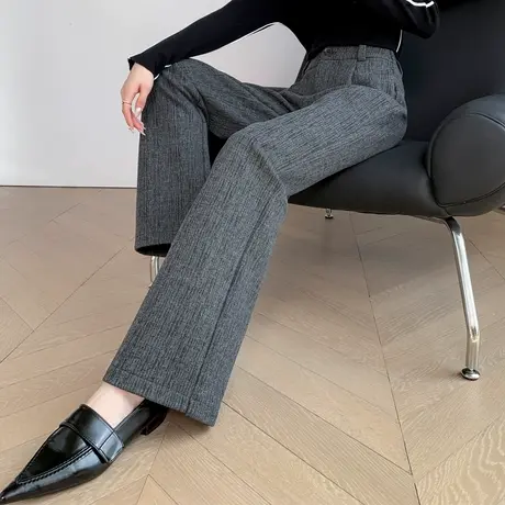 欧货毛呢裤子女新款2023爆款秋冬季加绒灰色休闲裤直筒西装阔腿裤商品大图