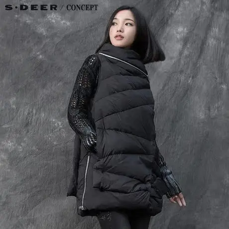 sdeer圣迪奥女装2017冬装酷感A廓斜襟羽绒背心S15481680商品大图