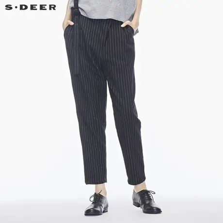 sdeer圣迪奥女装英伦学院风条纹小脚毛呢背带长裤S17480877商品大图