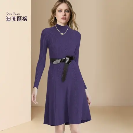 迪菲丽格气质优雅紫色针织连衣裙女2023新款冬季收腰显瘦毛衣裙子图片