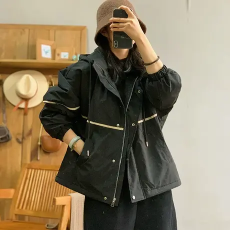 dza 复古加厚拼接连帽棉服外套女冬外穿棉袄上衣休闲宽松冲锋棉衣商品大图