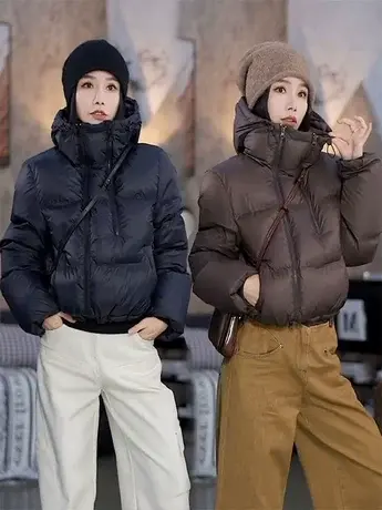 美拉德短款连帽羽绒服女韩版冬季新款加厚保暖白鸭绒气质拉链外套商品大图