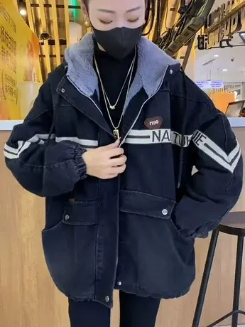 欧货洋气女士加绒加厚外套2023冬季新款设计感连帽显瘦棉服上衣潮图片