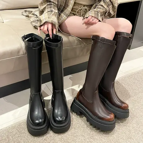长筒靴女冬季保暖2023年新款时尚百搭厚底不过膝靴粗跟高跟骑士靴图片