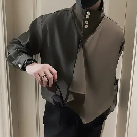 小众复古高级感拼接法式高领衬衣春秋季设计感发型师长袖衬衫外套商品大图