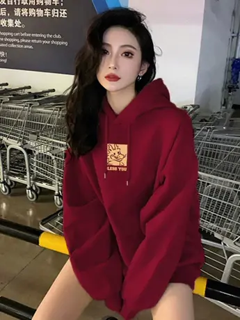 2024新款龙年本命年中国风连帽口袋卫衣女宽松韩版加绒加厚上衣潮图片
