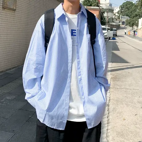 港风宽松百搭长袖衬衫男秋季新款潮流条纹外穿衬衣翻领开衫上衣服商品大图