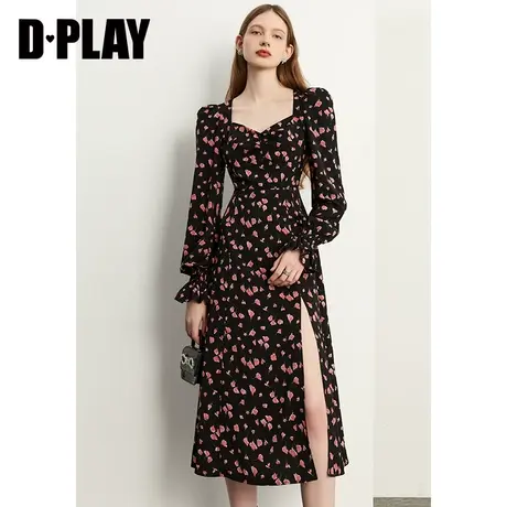 DPLAY春装新款气质连衣裙复古名媛风法式裙侧开叉显瘦中长裙图片