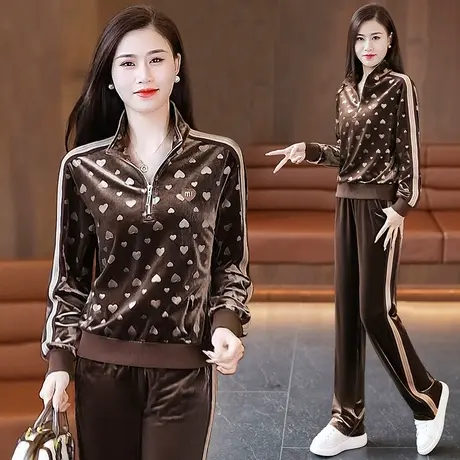 金丝绒阔腿裤套装女春秋2024年新款半拉链立领休闲运动垂感两件套图片