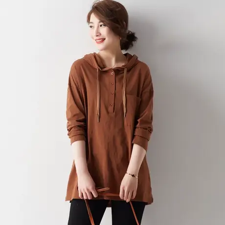 大码宽松显瘦长袖t恤女春装2024新款气质时尚连帽卫衣纯棉女上衣商品大图