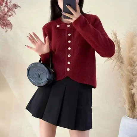 新年本命服红色毛衣打底衫女厚秋冬圆领小香风亮丝针织开衫女上衣商品大图