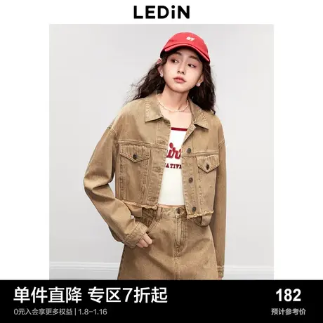 乐町宽松休闲短款露腰设计上衣秋季新款复古洗水牛仔外套图片