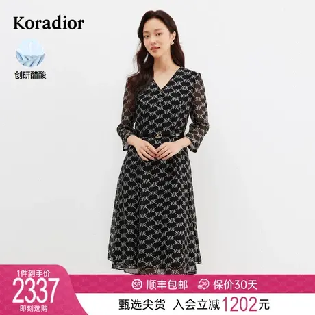 珂莱蒂尔女装2024春季新款艺术图案设计感法式雪纺八分袖连衣裙图片