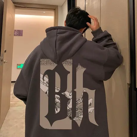 美式连帽加绒卫衣男春秋季ins潮牌复古宽松oversize外套拉链开衫商品大图