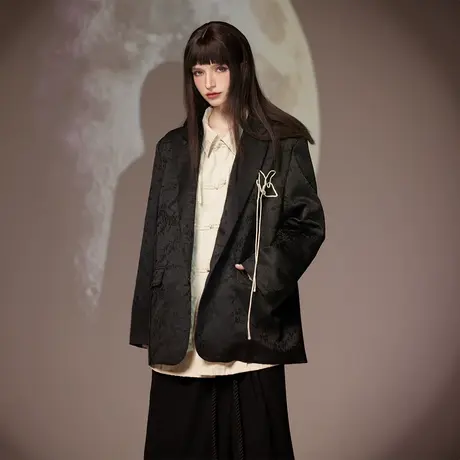 国潮黑色新中式西装外套女春秋2024新款设计感情侣装宽松夹克上衣商品大图