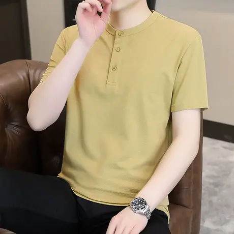 短袖t恤男士2023夏季纯色潮流半袖中山领纽扣打底汗衫百搭上衣服图片