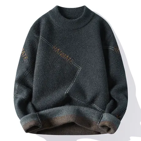 圆领毛衣男生2022新款加绒加厚针织打底衫青少年潮流水貂绒毛线衣商品大图