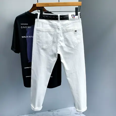 牛仔裤男士夏季新款韩版潮牌宽松小直筒裤港风潮牌白色印花裤子男商品大图
