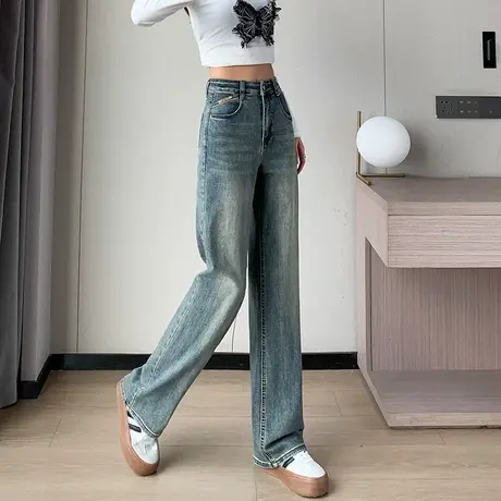 复古蓝阔腿牛仔裤女春季2024新款高腰梨型身材垂感窄版直筒拖地裤图片