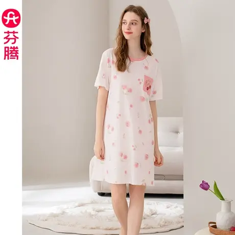 芬腾睡裙女士夏季薄款纯棉短袖睡衣裙可爱少女休闲宽松全棉中短裙图片
